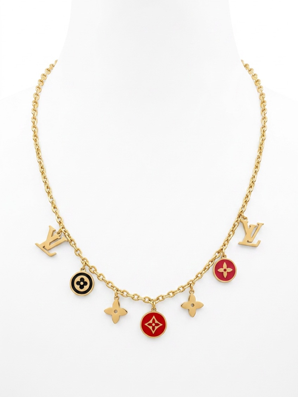 Gold-Tone Charm Necklace with Red, Black, and Pink Enamel Accents